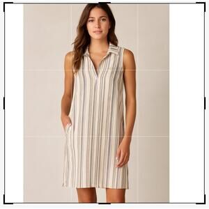 Cloth & Stone Anthropologie Beige Gray Linen Blend Striped Tank Dress Sz 
Medium